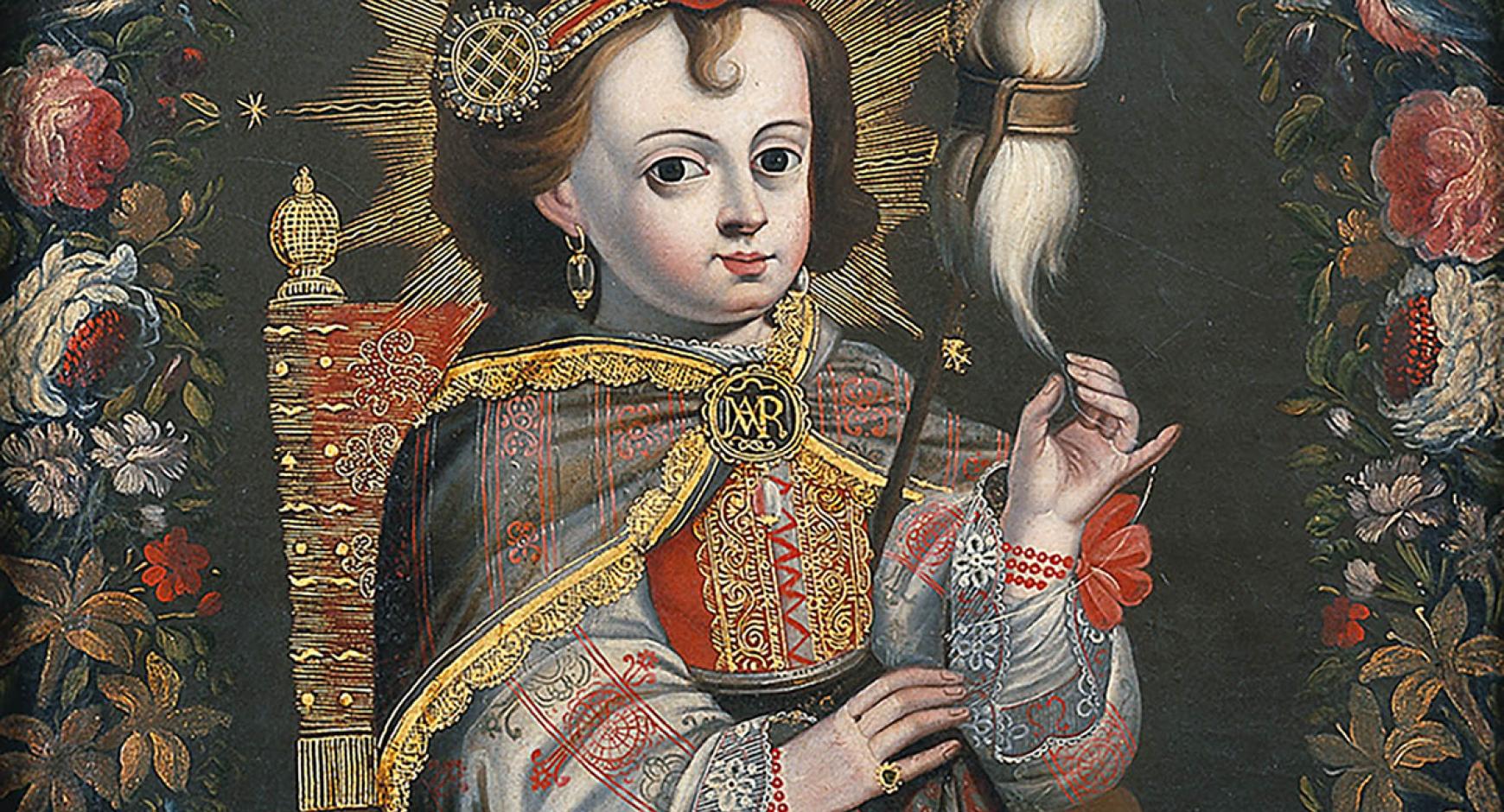 Image is of the painting entitled The Child Mary Spinning, from the Collection of Carl & Marilynn Thoma. In this devotional painting, the Virgin Mary is depicted as a luxuriously dressed young girl spinning wool into thread in the Temple of Jerusalem.