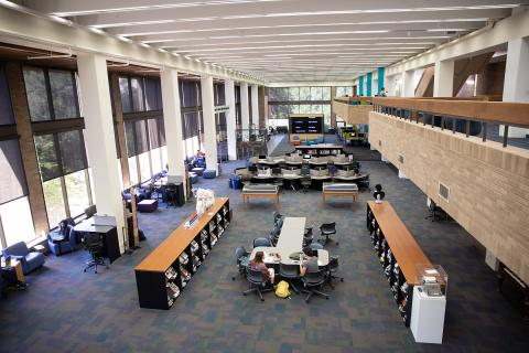 wide shot view of the Fine Arts Library interior