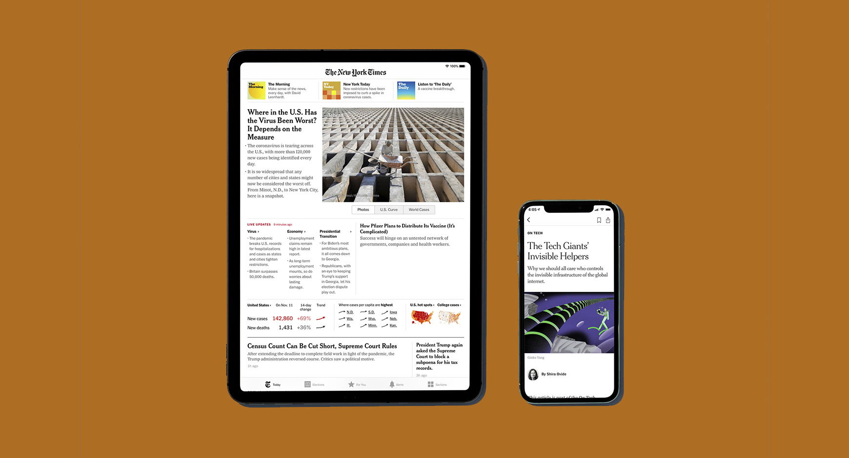 tablet and smartphone on burnt orange field with New York Times website on their screens