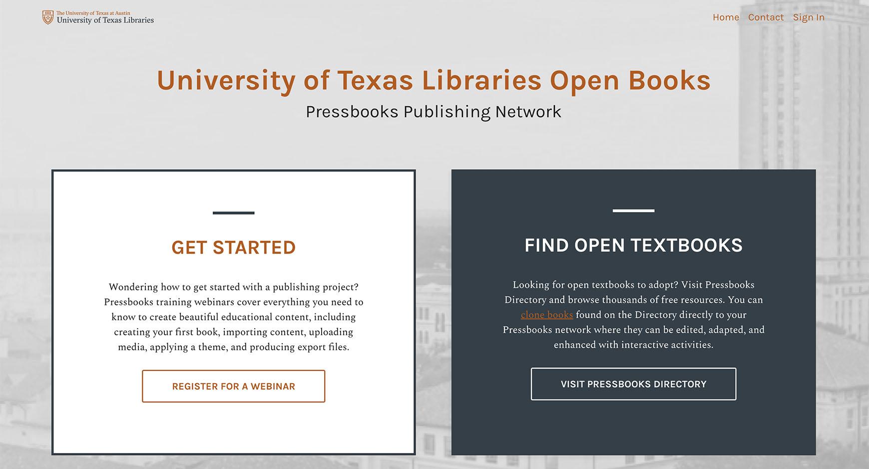 screen capture of pressbooks landing page for UT Libraries