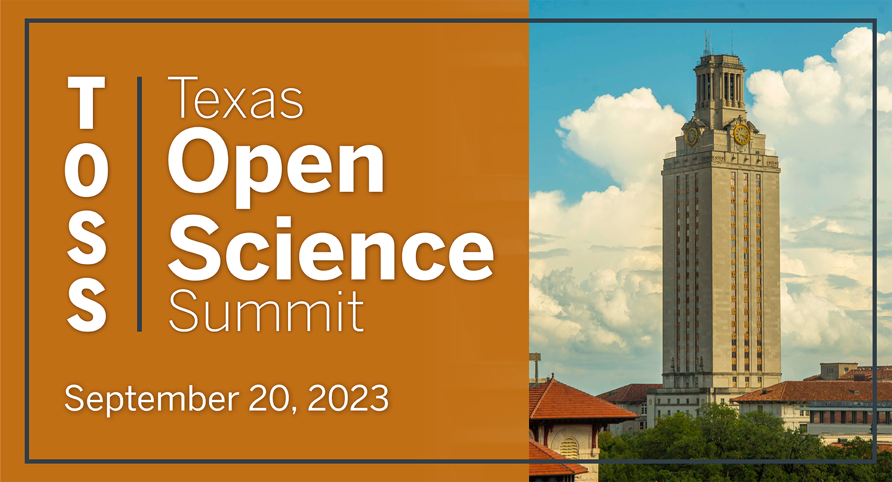 event graphic. orange field to left with texas open science summit in white and color image of the UT Tower on the right