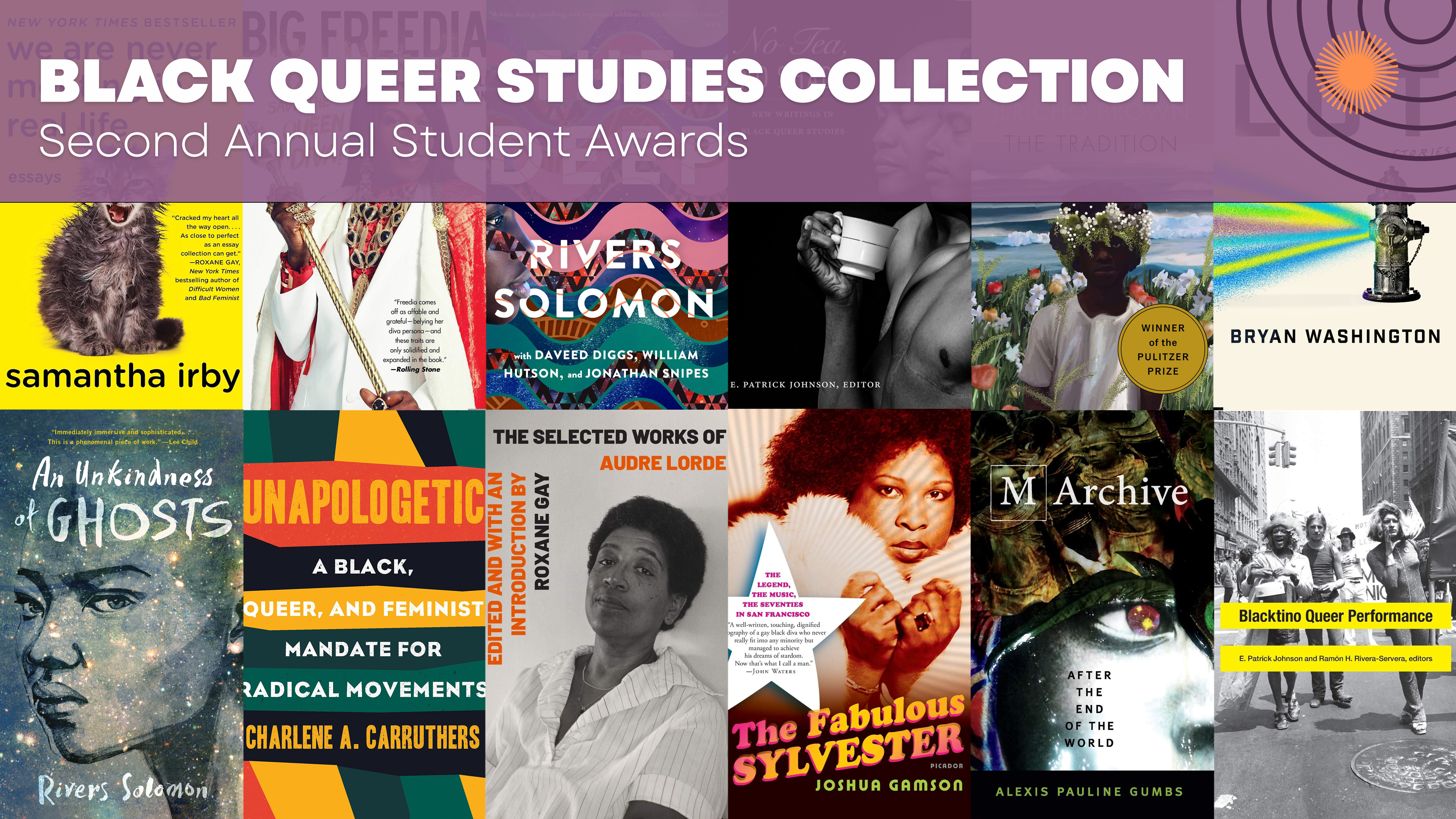 two rows of black queer title covers in rectangular shape with purple banner overlay that includes "Black Queer Studies Collection" in text
