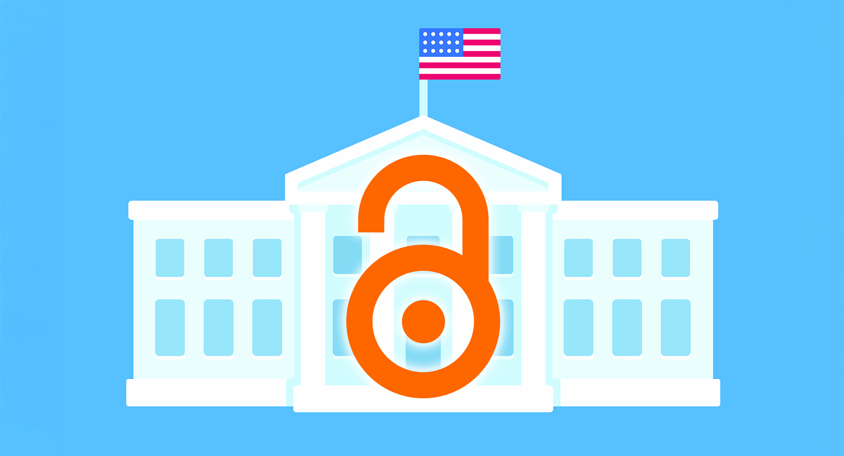 illustration of the white house on a blue background with the orange open access lock logo overlayed.