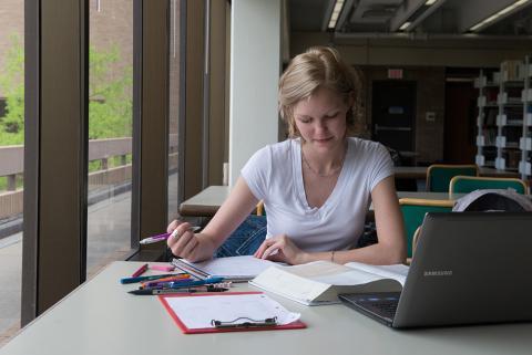 Student working at a table with a window view