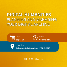 Digital Humanities workshop graphic with the Texas Libraries branding on a gold background.