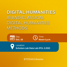 Digital Humanities workshop graphic with the Texas Libraries branding on a gold background.
