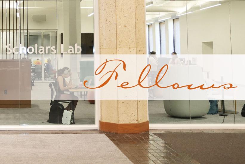 A student with white headphones and a black backpack studies at a table.
