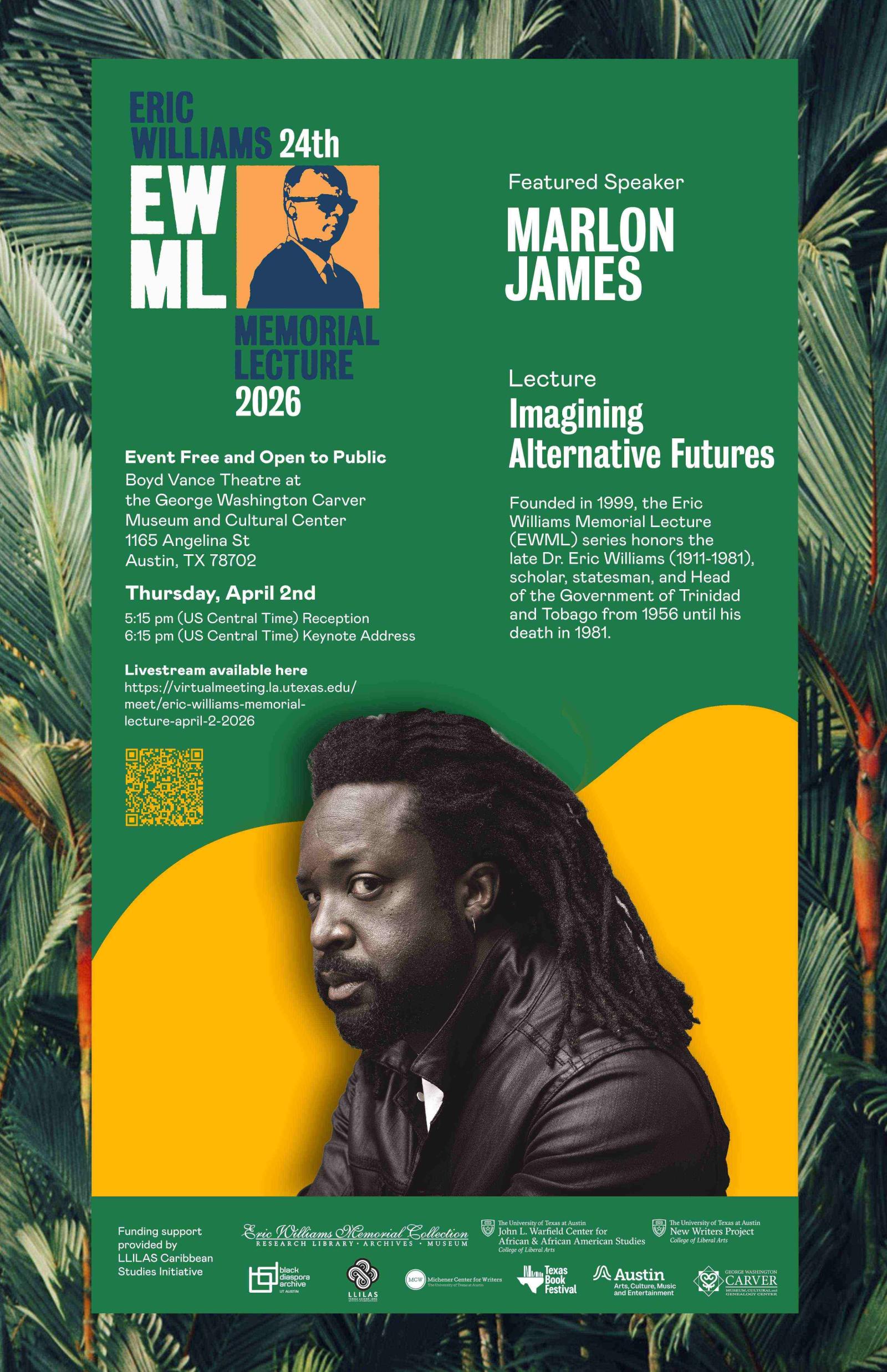 Event poster for the Eric Williams Memorial Lecture 2026 featuring Marlon James