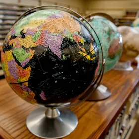 row of globes on display