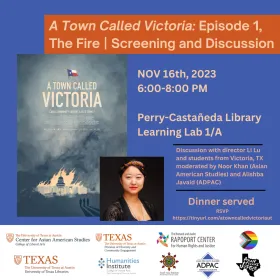 poster for screening of a town called victoria. blue background with movie poster, director portrait and text.