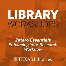 graphic for library workshop zotero essentials, orange overlay on image of students in workspace.