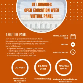 poster for open education week virtual panel. orange field with yellow lettering, circular knockout with ut tower top center.