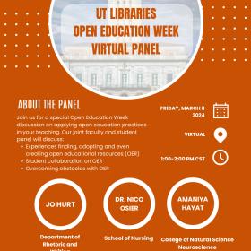 poster for open education week virtual panel. orange field with yellow lettering, circular knockout with ut tower top center. 