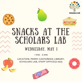 Event graphic. Beige field with icons of food and the Scholars Lab logo with informational text.