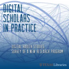 digital scholars in practice grapic. abstract blue theme background with text overlayed