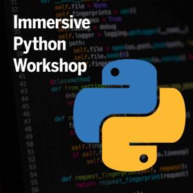 event graphic. Python logo over background of python programming language with event text.
