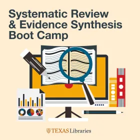 Boot camp graphic. Illustration of computer, with magnifying glass over book, pencil below and graphs, on beige background with titling at top.