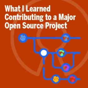 Event graphic. Stylized GIT workflow over open souce logo on orange background with event title overlayed.
