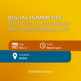 Digital Humanities workshop graphic with the Texas Libraries branding on a gold background.