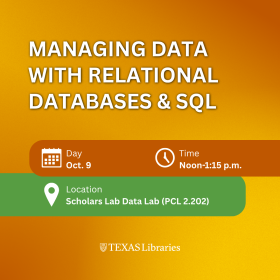 Graphic promoting a UT Libraries workshop titled “Managing Data with Relational Databases & SQL.” The design features a yellow-to-orange gradient background with event details in colored banners. Information includes Oct. 9, Noon–1:15 p.m., and Scholars Lab Data Lab (PCL 2.202). Calendar, clock, and location icons accompany the details. The Texas Libraries logo appears at the bottom.