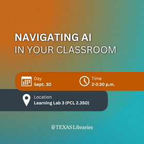 Graphic with an orange-to-teal gradient background featuring the title “Navigating AI in Your Classroom.” Event details list Sept. 30, 2–3:30 p.m., and Learning Lab 3 (PCL 2.350). Decorative calendar, clock, and location icons accompany the information. Texas Libraries logo appears at the bottom.