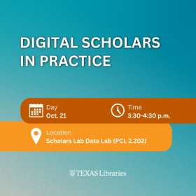 Digital Scholars in Practice event graphic featuring the date Oct. 21, time 3:30-4:30 p.m., and location Scholars Lab Data Lab (PCL 2.202). Teal background with orange information banners and the Texas Libraries logo.