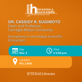Promotional graphic for the Lorraine J. Haricombe Distinguished Speaker Series featuring Dr. Cassidy R. Sugimoto, dean and professor at Carnegie Mellon University. The talk, “Disruptions in the Global Scientific Ecosystem,” is scheduled for Nov. 3 from 1–2:30 p.m. in PCL 2.500. The orange-and-teal graphic includes the speaker series logo at the top and the Texas Libraries logo at the bottom.